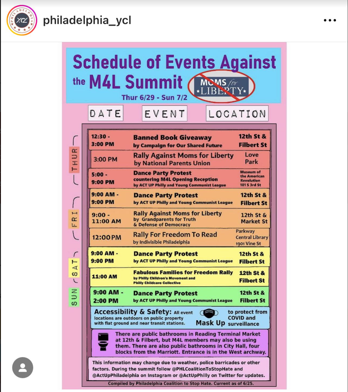 Philadelphia Young Communist League schedule of protests against Moms for Liberty Summit